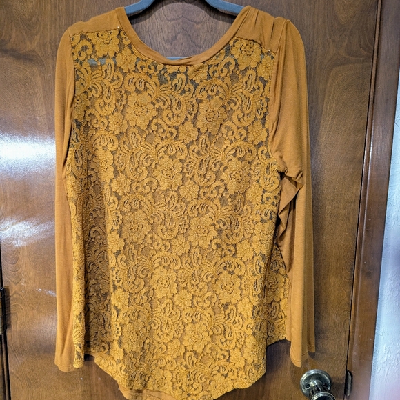 Grace Elements mustard lace back asymmetric tunic blouse size XL - Picture 2 of 16